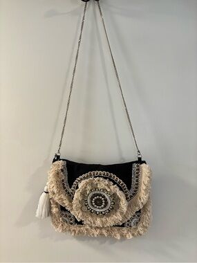 Embellished Fringe Shoulder Bag in Black and Cream